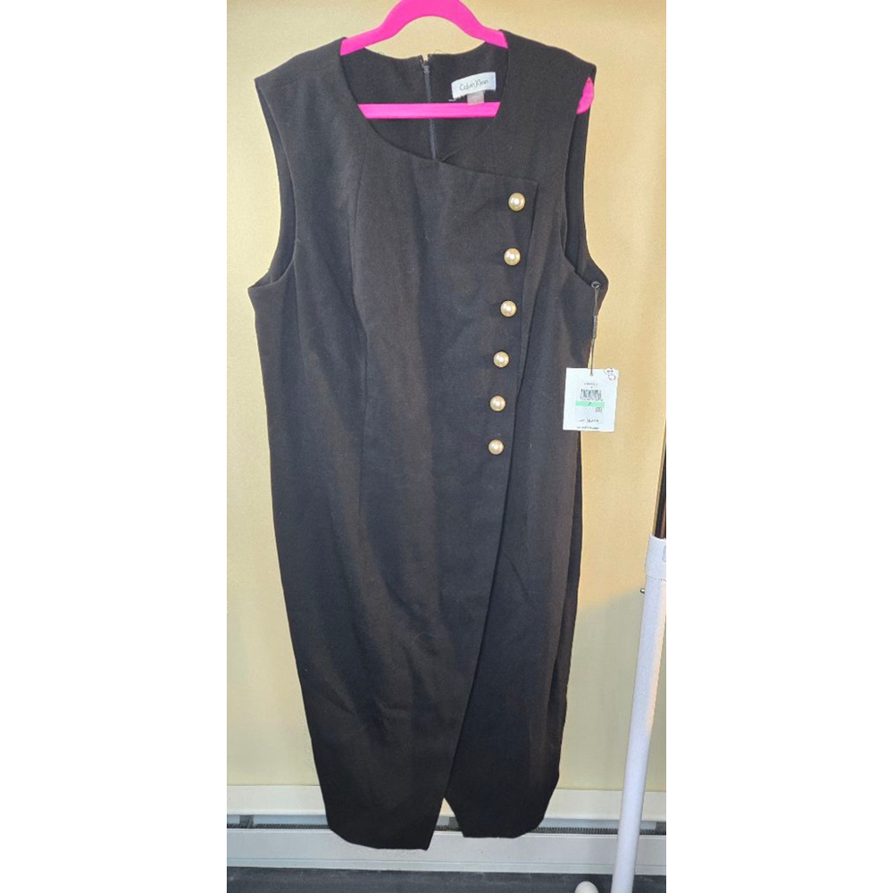 Women's Calvin Klein Black Midi Dress with Gold Buttons Size 8